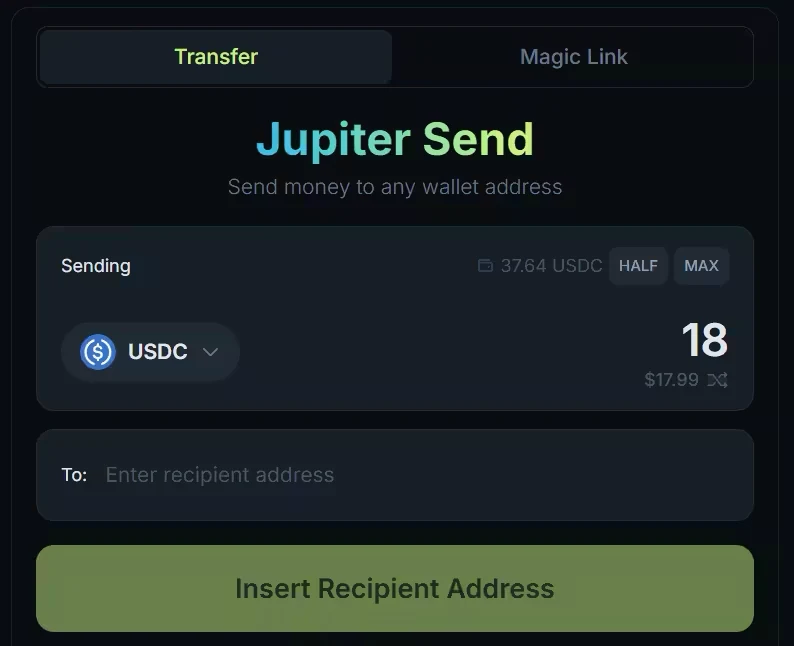 The Jupiter Send form on the Transfer tab, with the token and amount, HALF and MAX, and the recipient address field