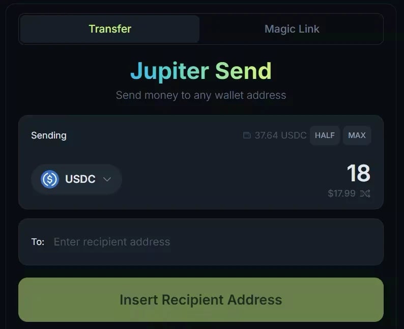 The Jupiter Send form on the Transfer tab, with the token and amount, HALF and MAX, and the recipient address field