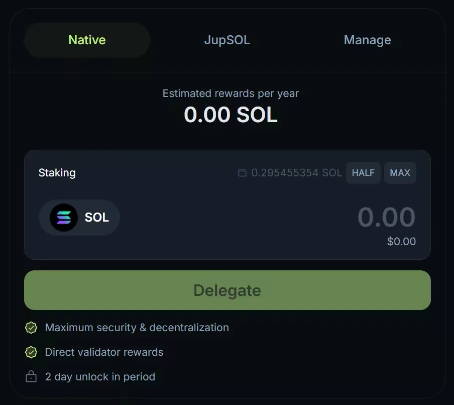 The Jupiter Stake form with the Native, JupSOL and Manage tabs, the SOL amount field and the Delegate button
