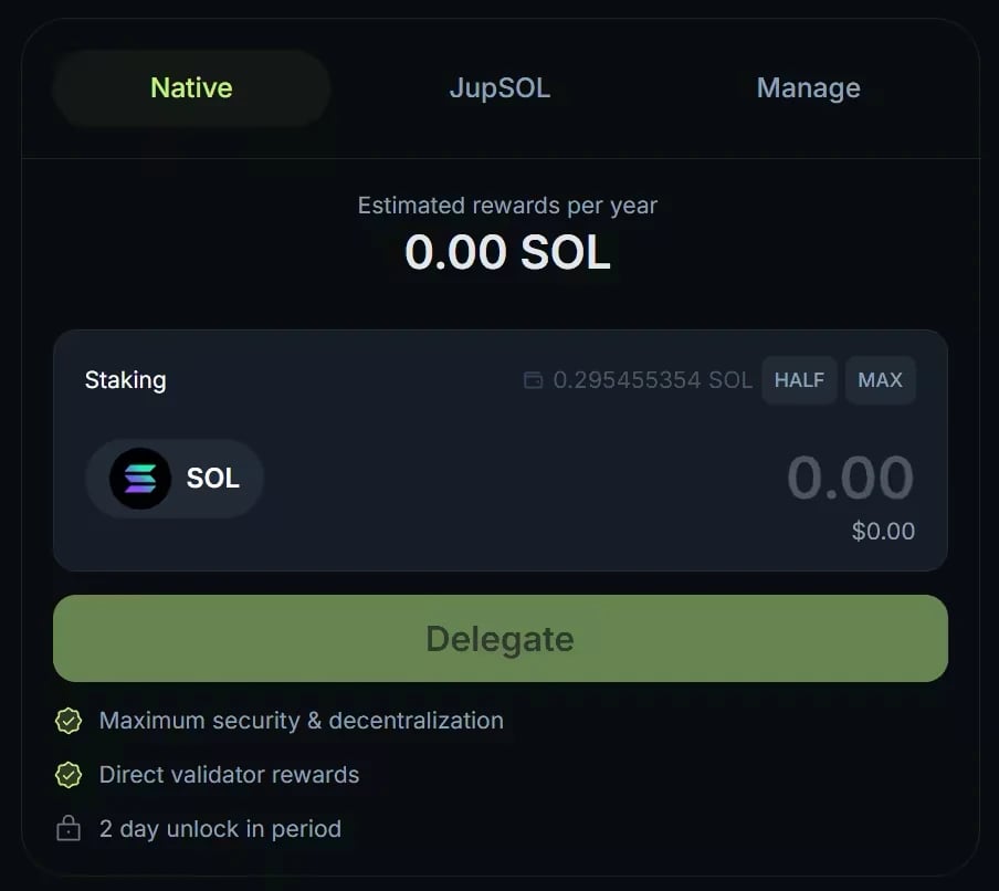 The Jupiter Stake form with the Native, JupSOL and Manage tabs, the SOL amount field and the Delegate button