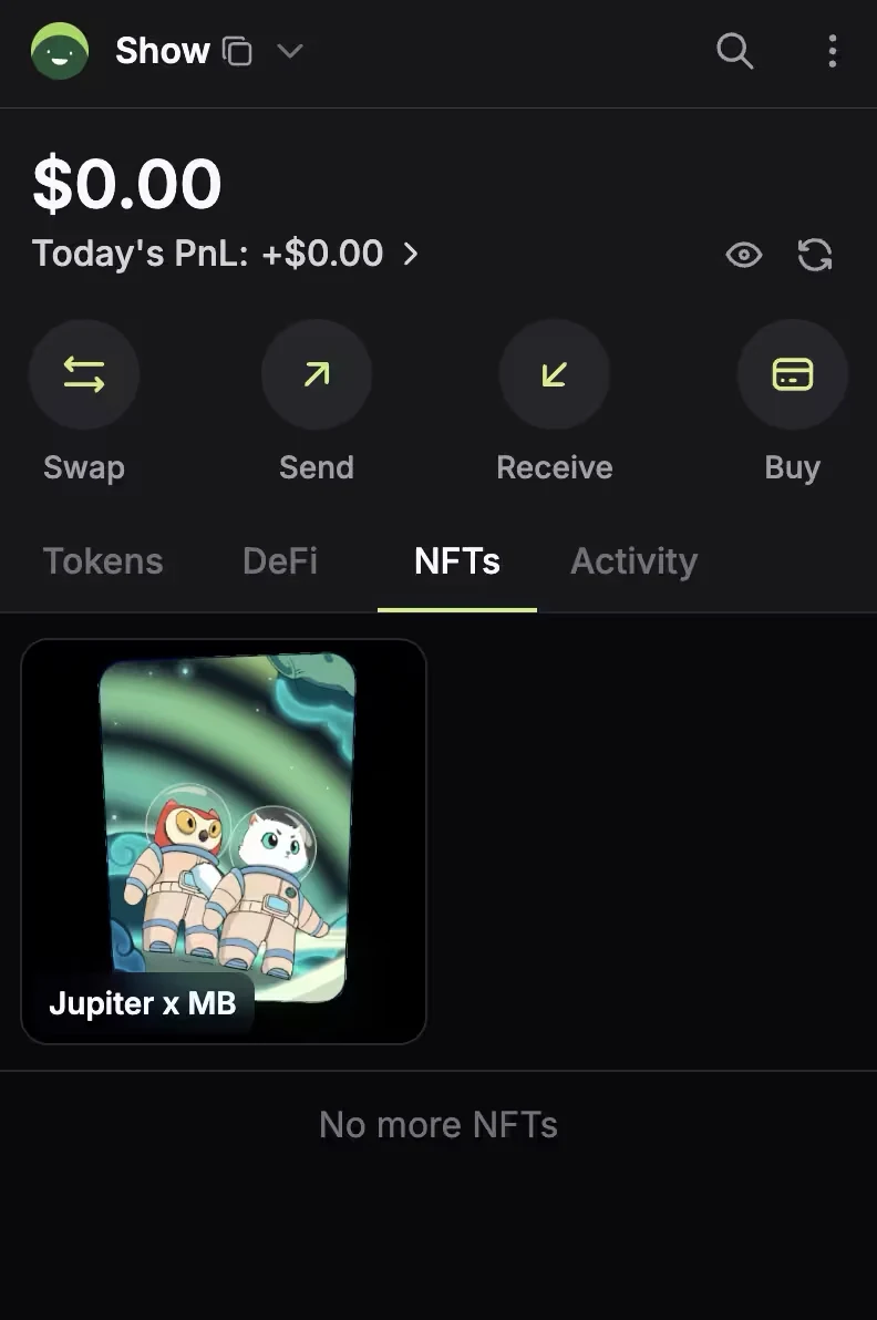 Jupiter Wallet extension with the NFTs tab open, showing one NFT with its image and name