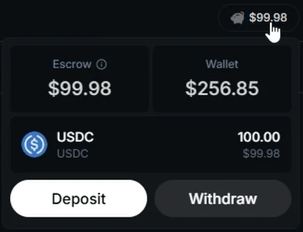The escrow panel with the Escrow and Wallet balances, the USDC held in escrow, and the Deposit and Withdraw buttons
