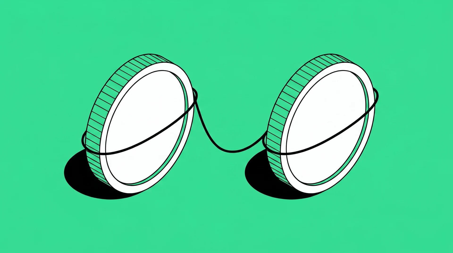 Two coins tied together by a string, the cover of this guide