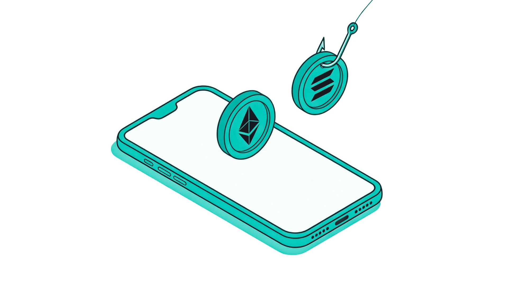 A phone with crypto coins on a fishing hook, the cover of this lesson