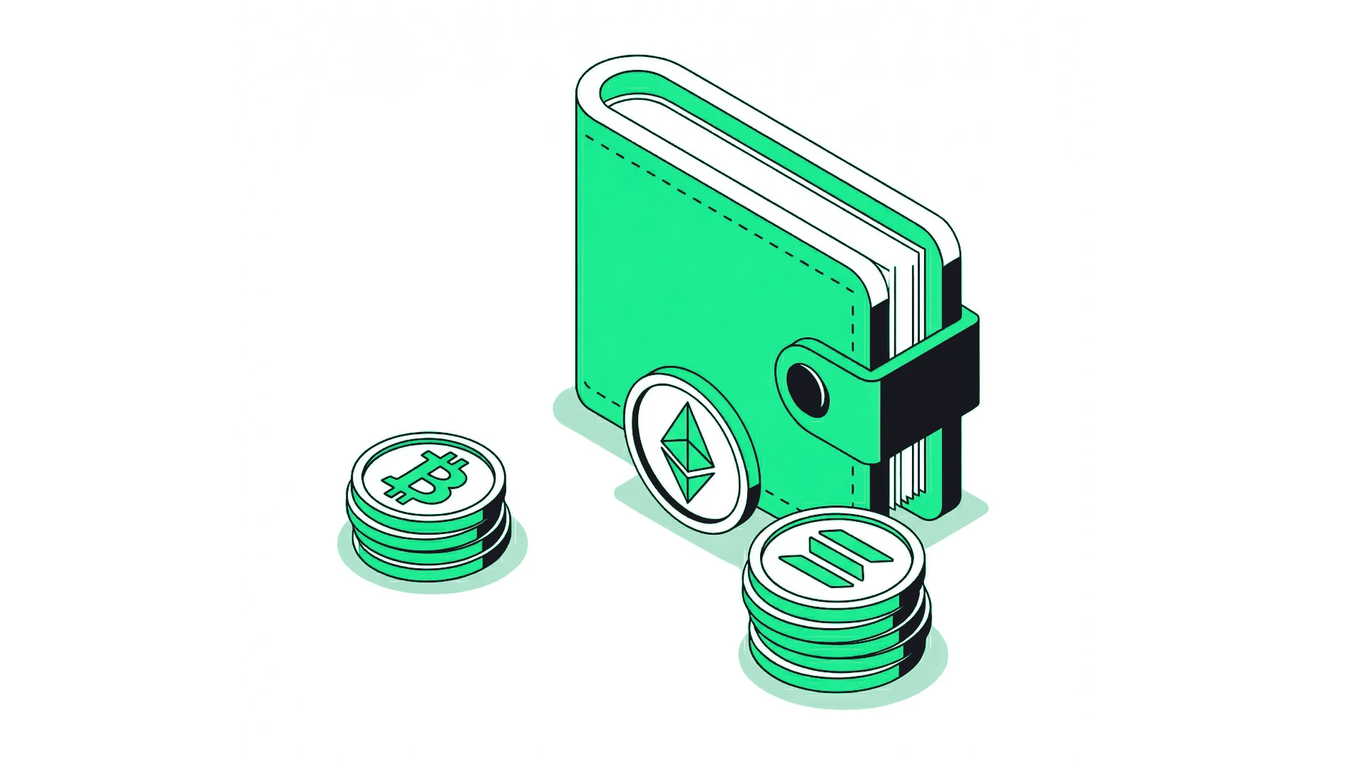 A green wallet surrounded by stacks of bitcoin, ether and SOL coins, the cover of this lesson