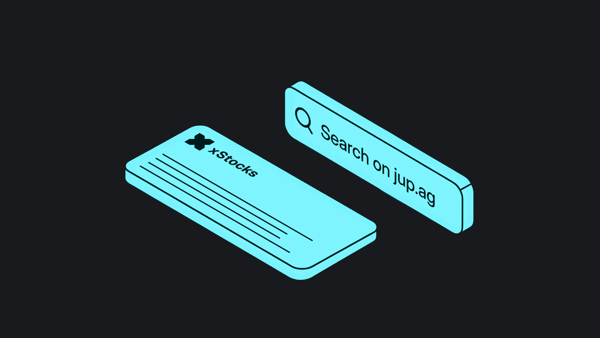 An xStocks-branded card next to a search bar reading "Search on jup.ag", the cover of this lesson