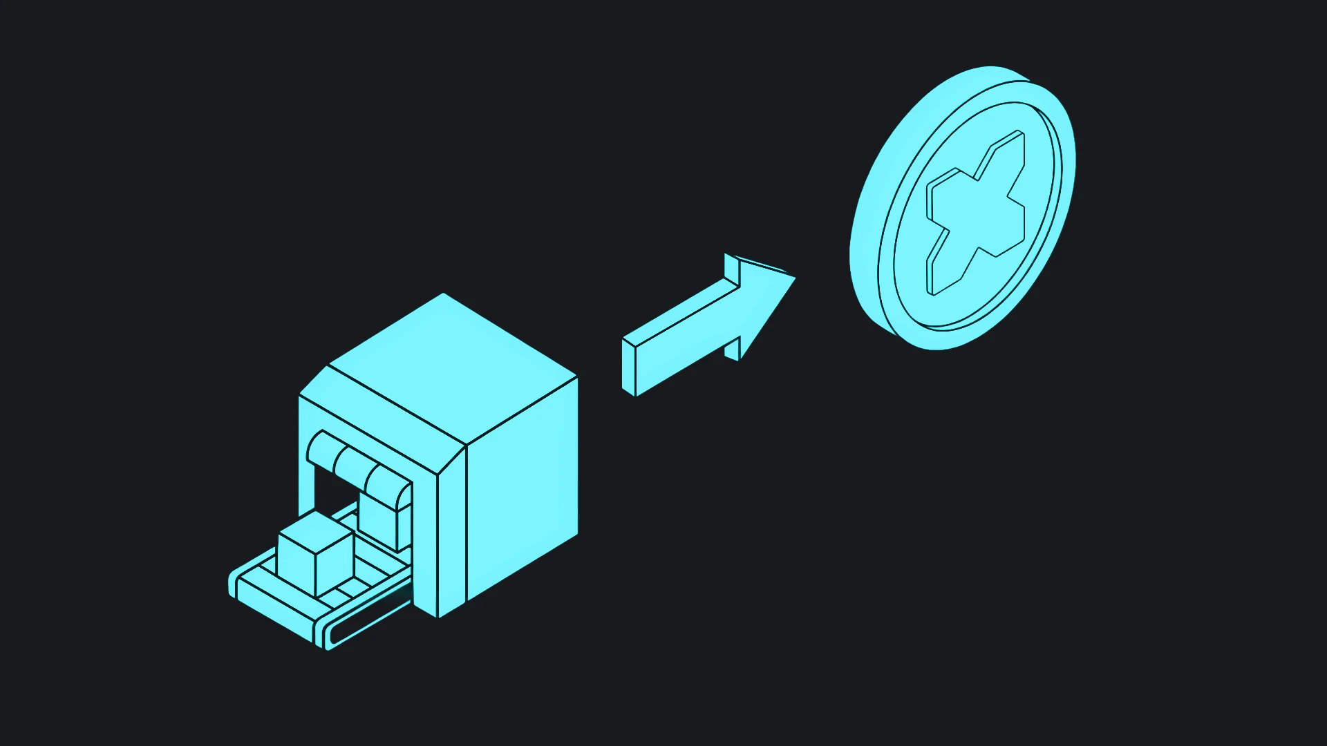 An isometric machine turning a box into a coin, the cover of this lesson