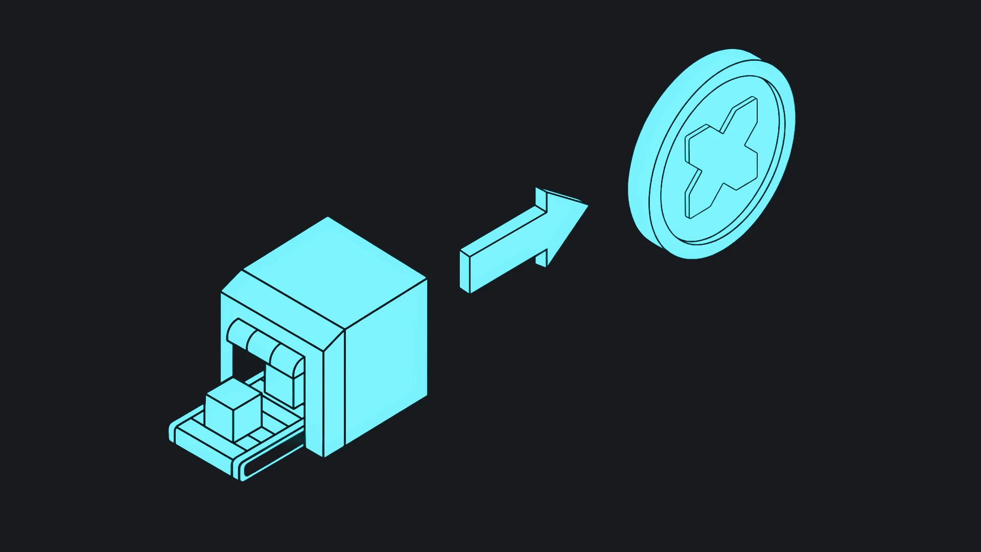 An isometric machine turning a box into a coin, the cover of this lesson