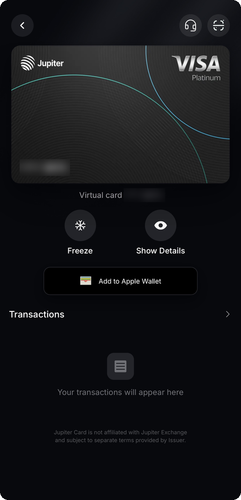 The card management screen showing the virtual Visa card with the Freeze, Show Details and Add to Apple Wallet actions