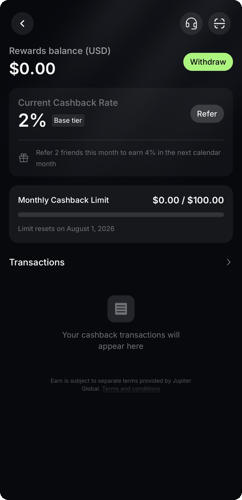 The Rewards screen showing the current cashback rate at 2% base tier, the Refer button, and the monthly cashback limit progress bar