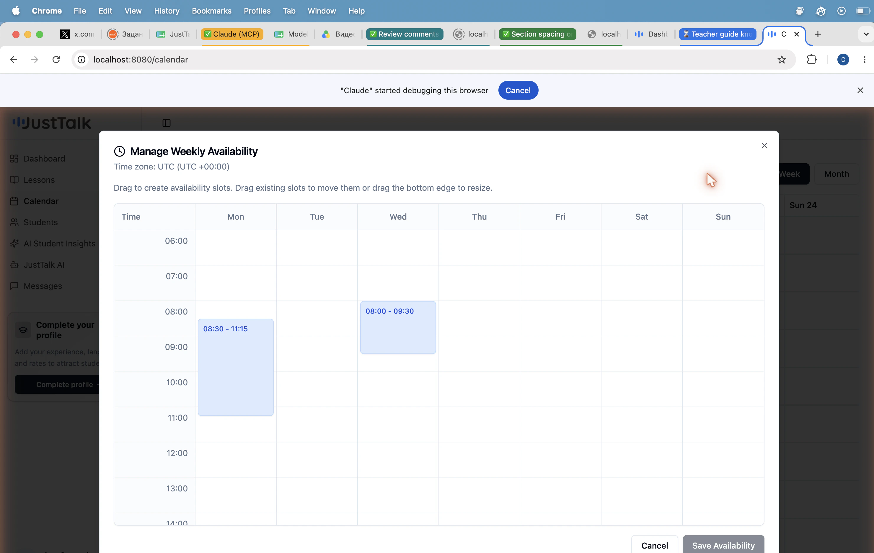 Manage Weekly Availability editor