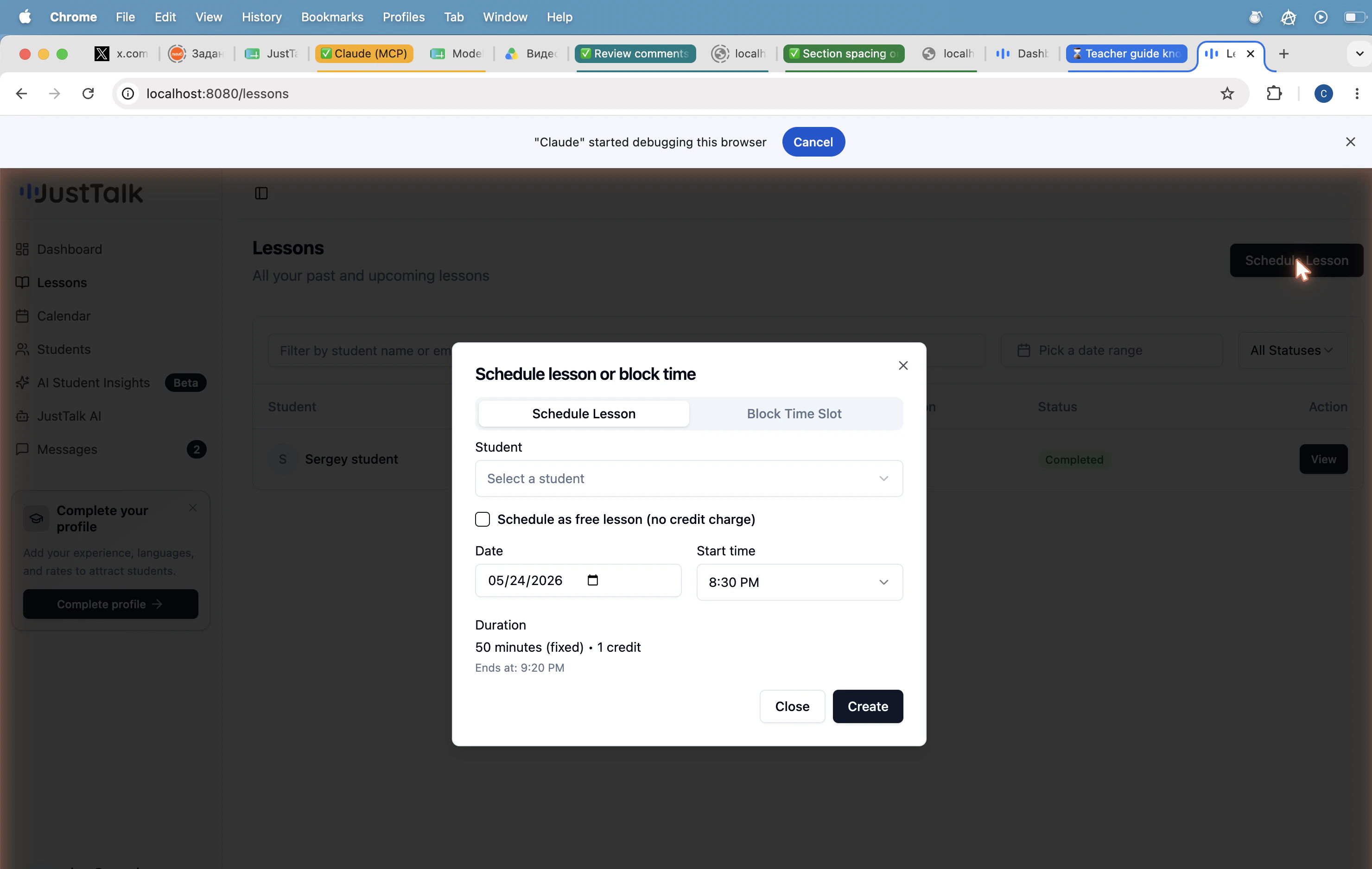 Schedule lesson or block time dialog