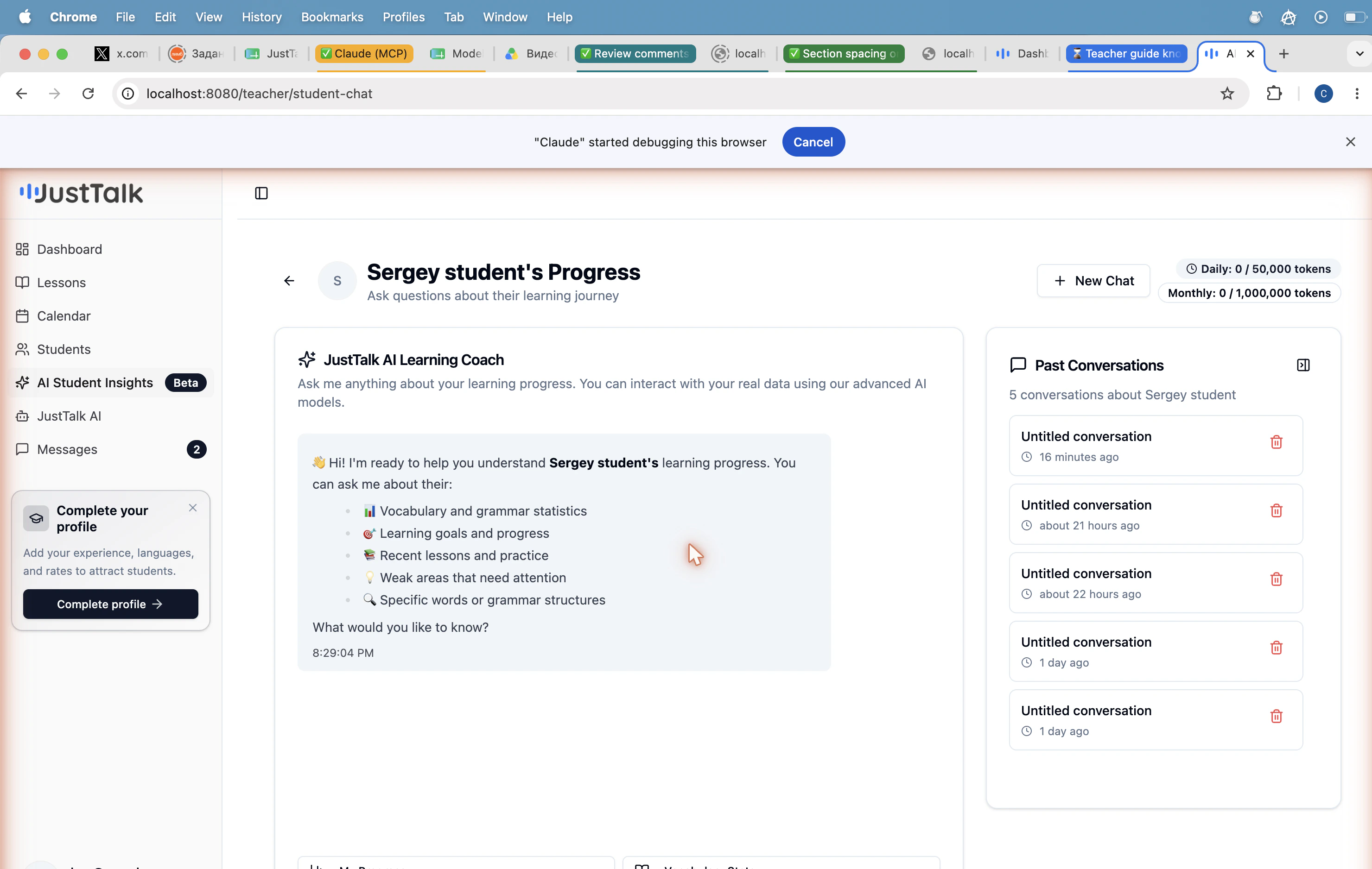 AI Student Insights chat with quick action buttons