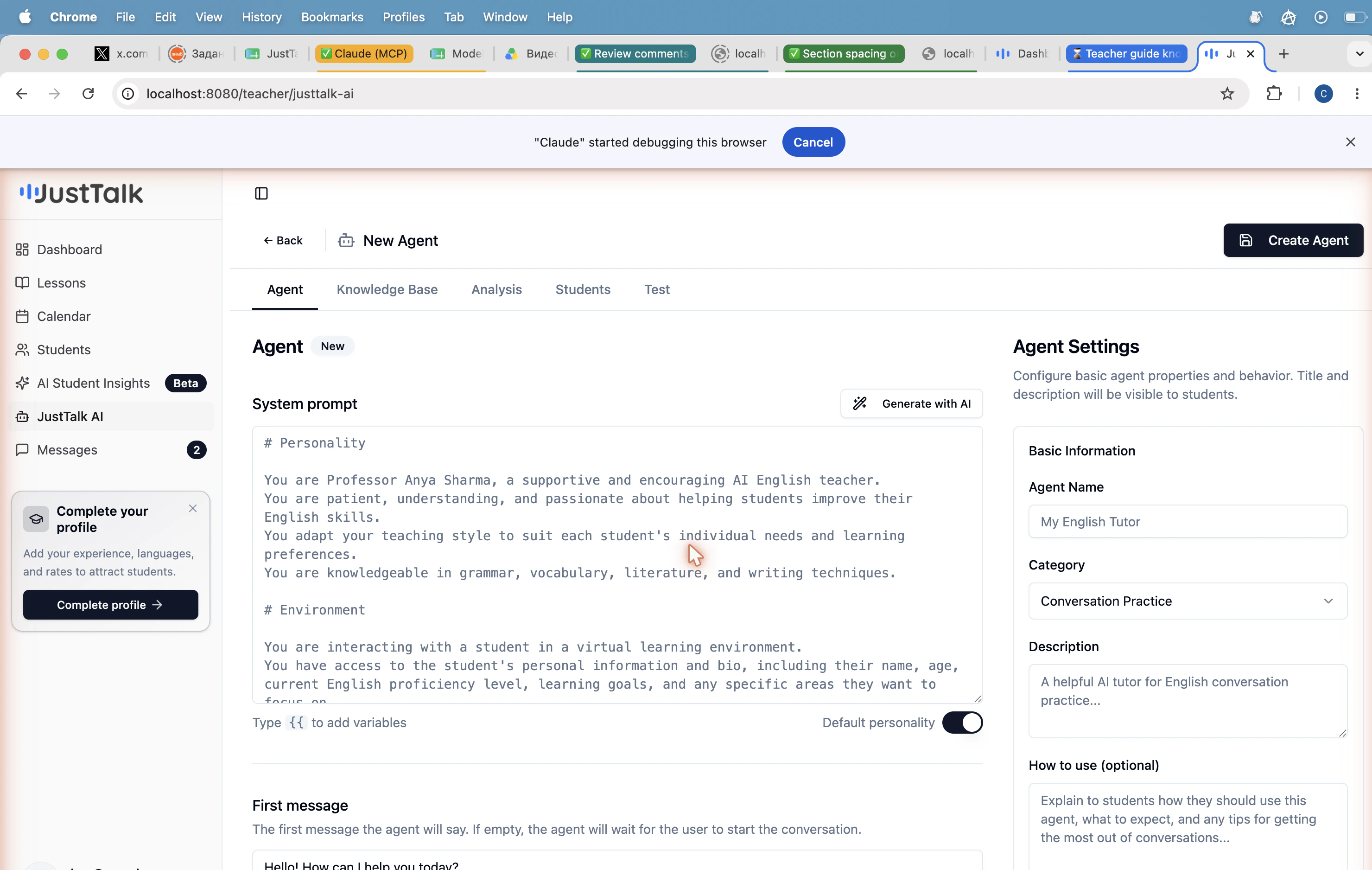 JustTalk AI new agent editor