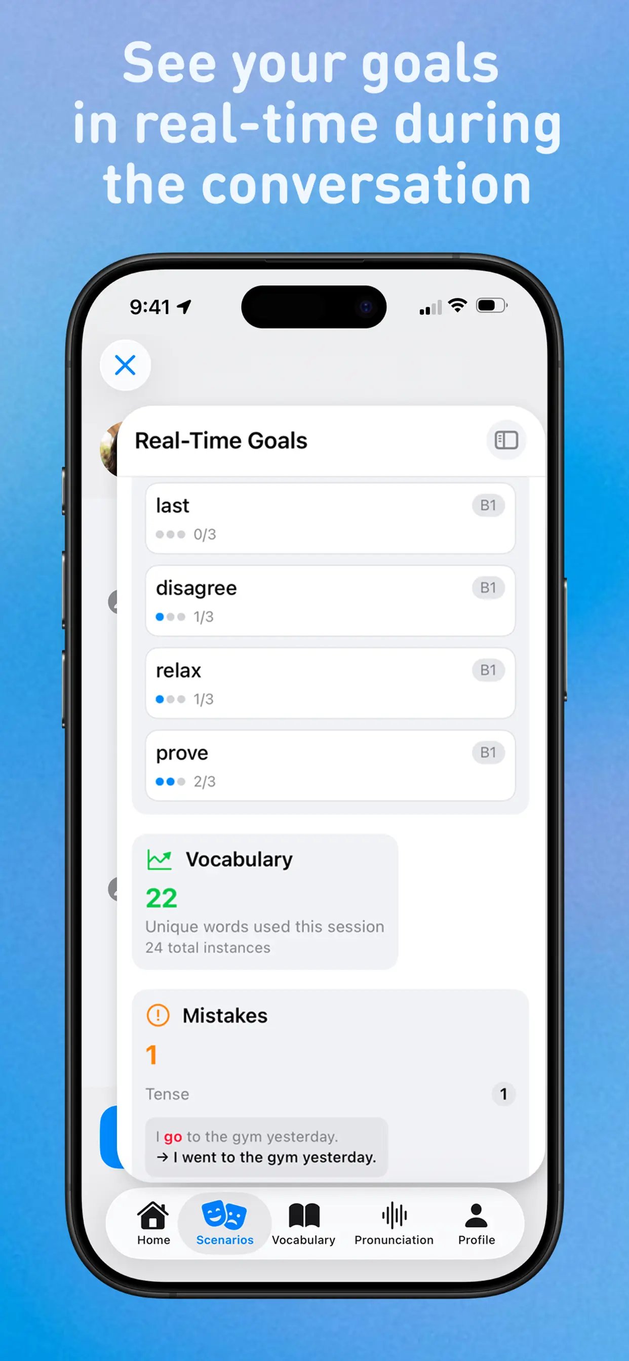Real-time tracking of target words, grammar, and mistakes during a conversation