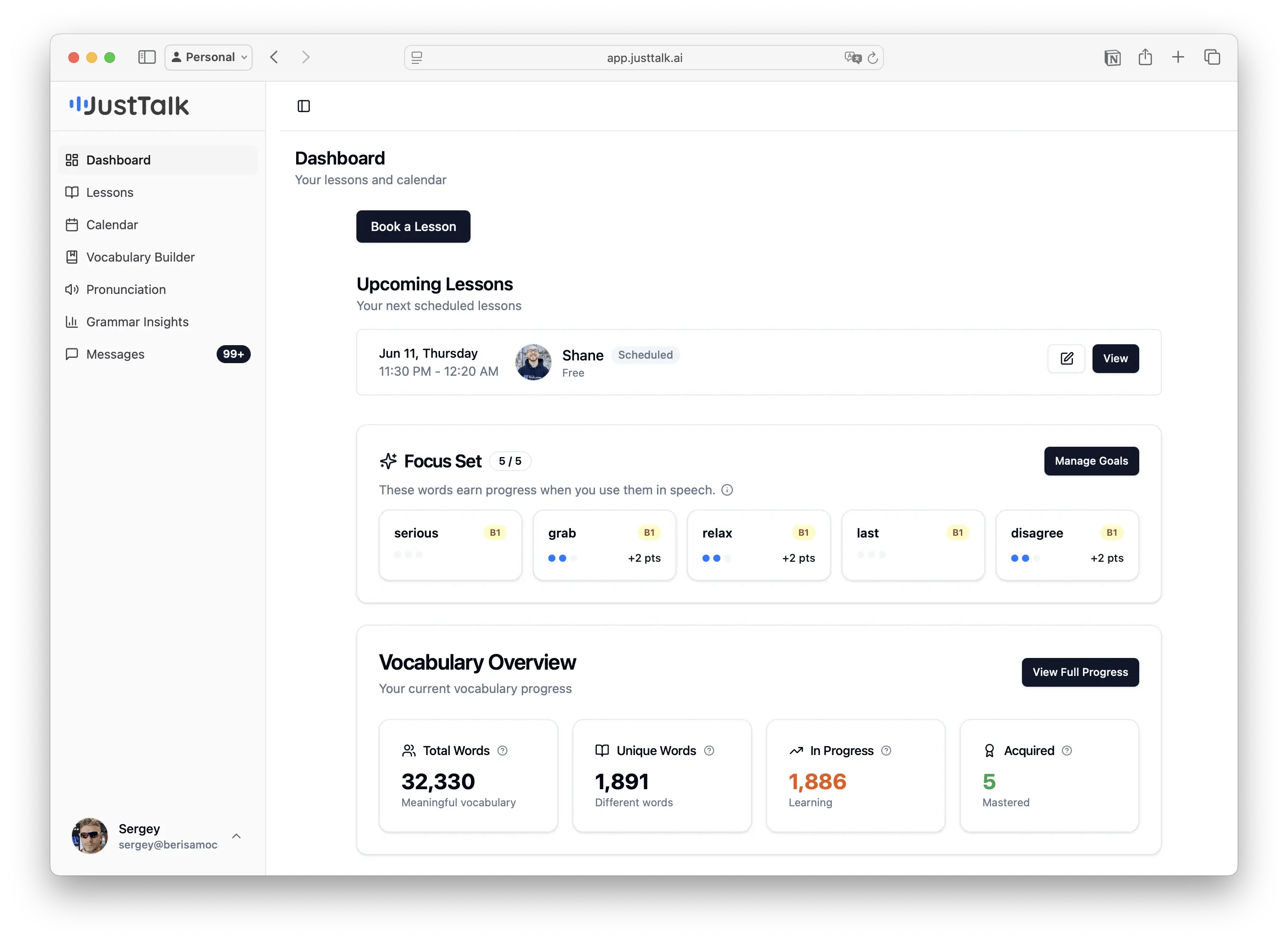 Student dashboard on the web app
