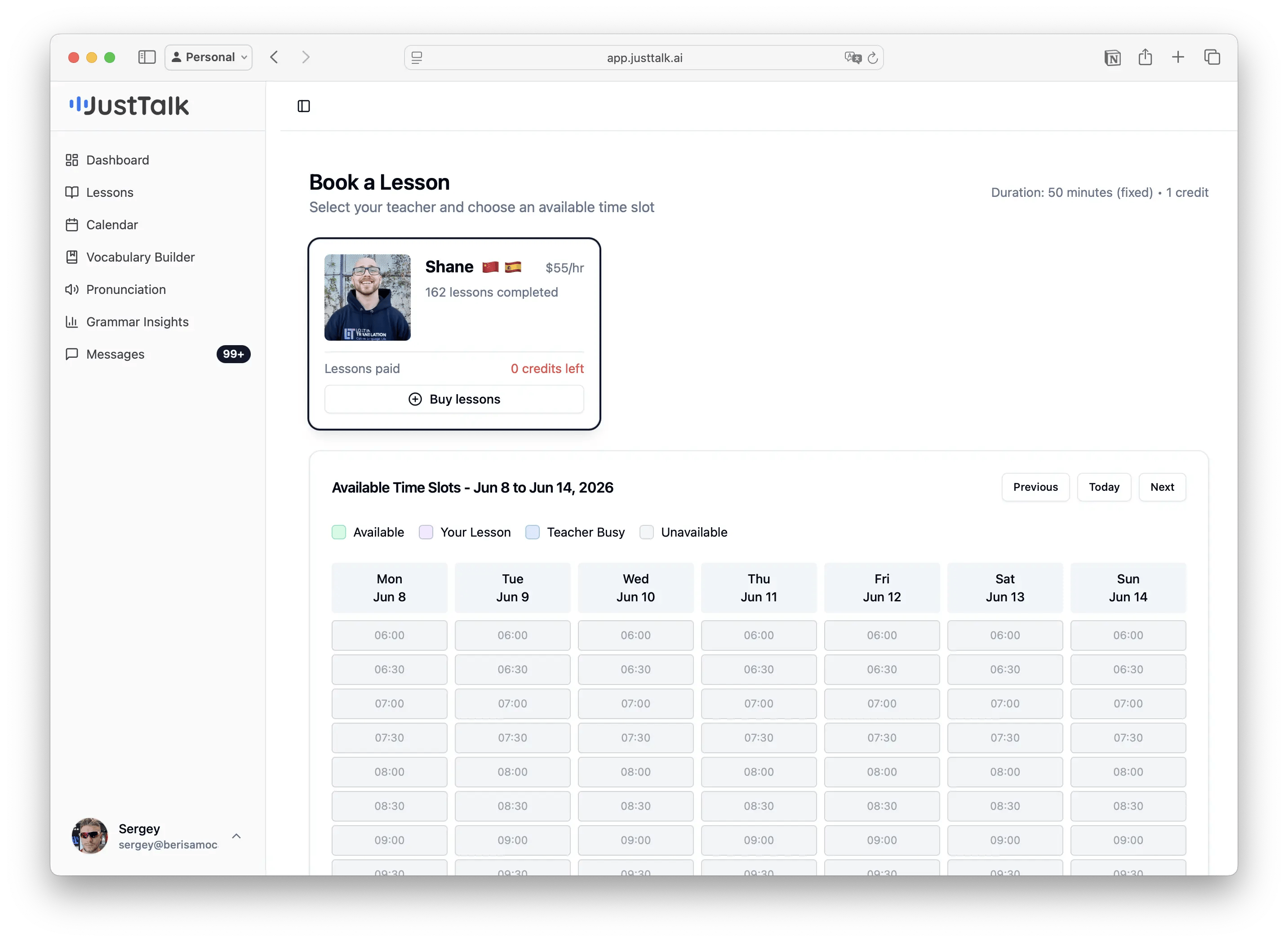 Book a lesson — pick teacher and time slot