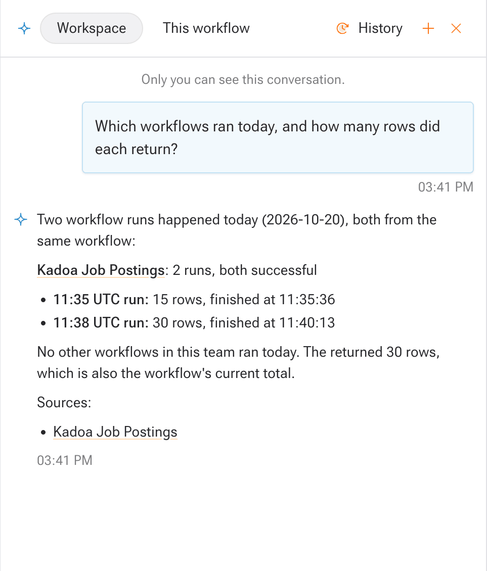 The Agent sidebar in Workspace scope, answering which workflows ran today and how many rows each returned