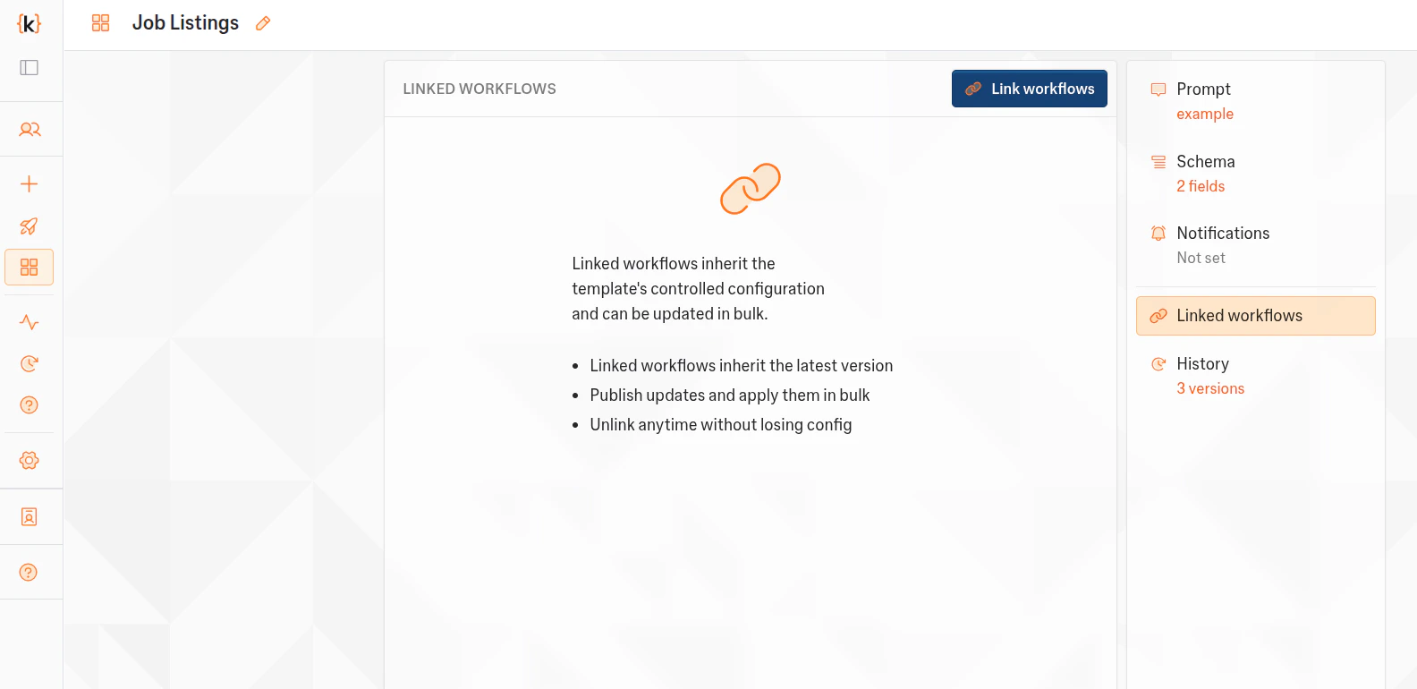 Linked workflows tab on a template