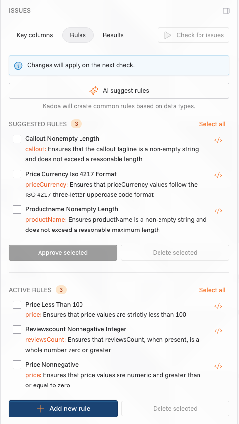 Preview and active rules sections