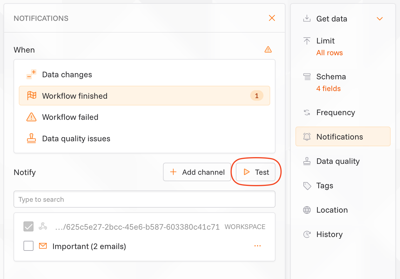 Screenshot of test notifications button