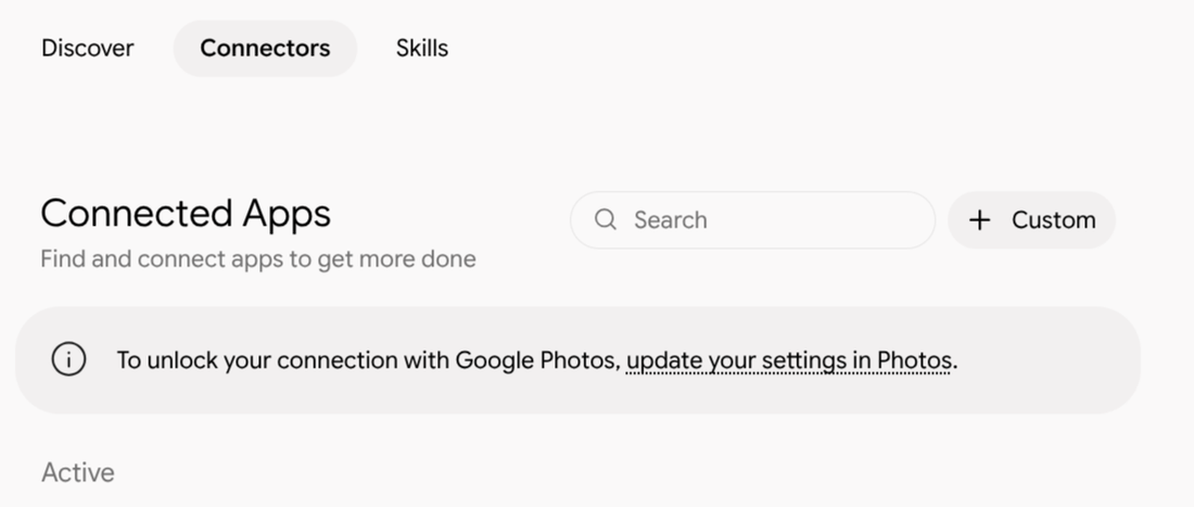 The Gemini Connected Apps page with the Custom button