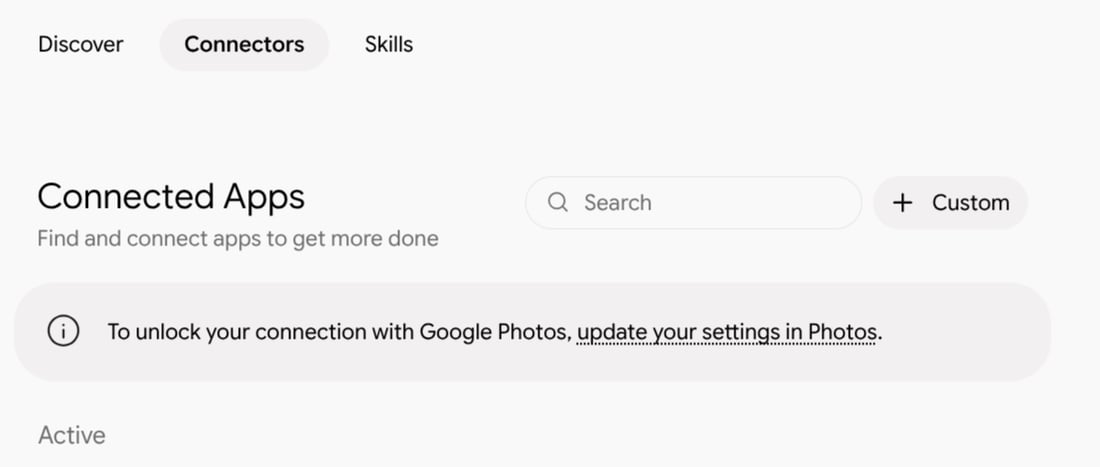 The Gemini Connected Apps page with the Custom button