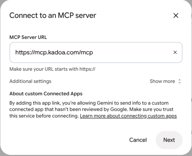The Gemini Connect to an MCP server dialog with https://mcp.kadoa.com/mcp entered
