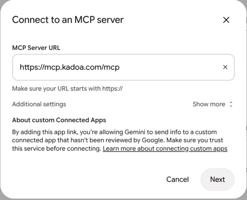 The Gemini Connect to an MCP server dialog with https://mcp.kadoa.com/mcp entered
