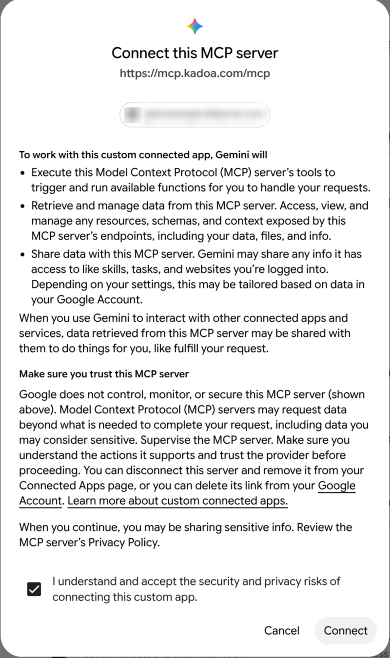 The Gemini Connect this MCP server notice for https://mcp.kadoa.com/mcp