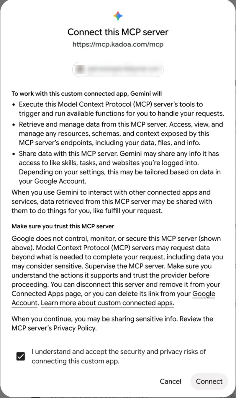 The Gemini Connect this MCP server notice for https://mcp.kadoa.com/mcp
