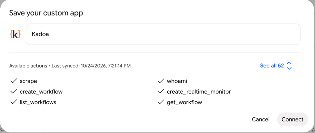 The Gemini Save your custom app dialog naming the app Kadoa and listing its available actions