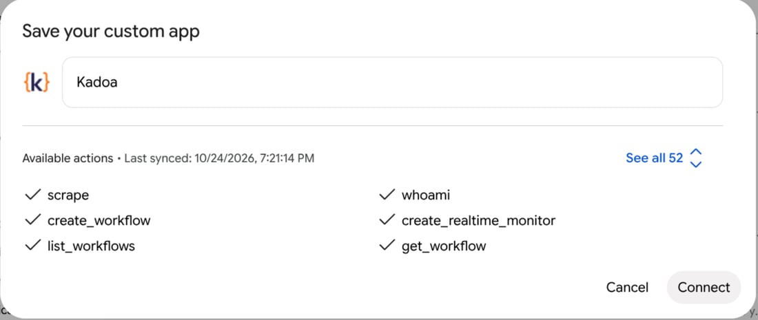 The Gemini Save your custom app dialog naming the app Kadoa and listing its available actions