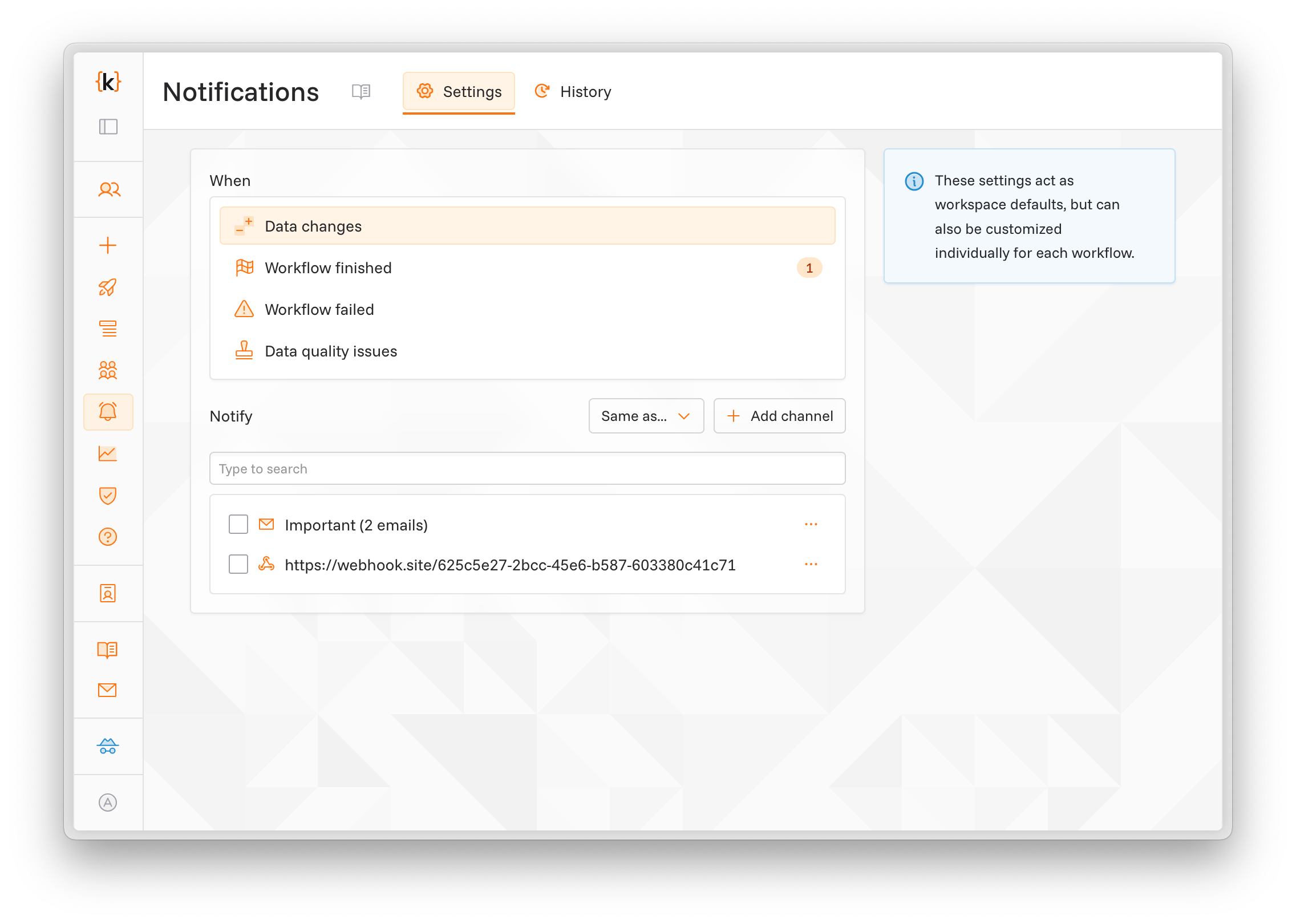 Screenshot of workspace notification settings