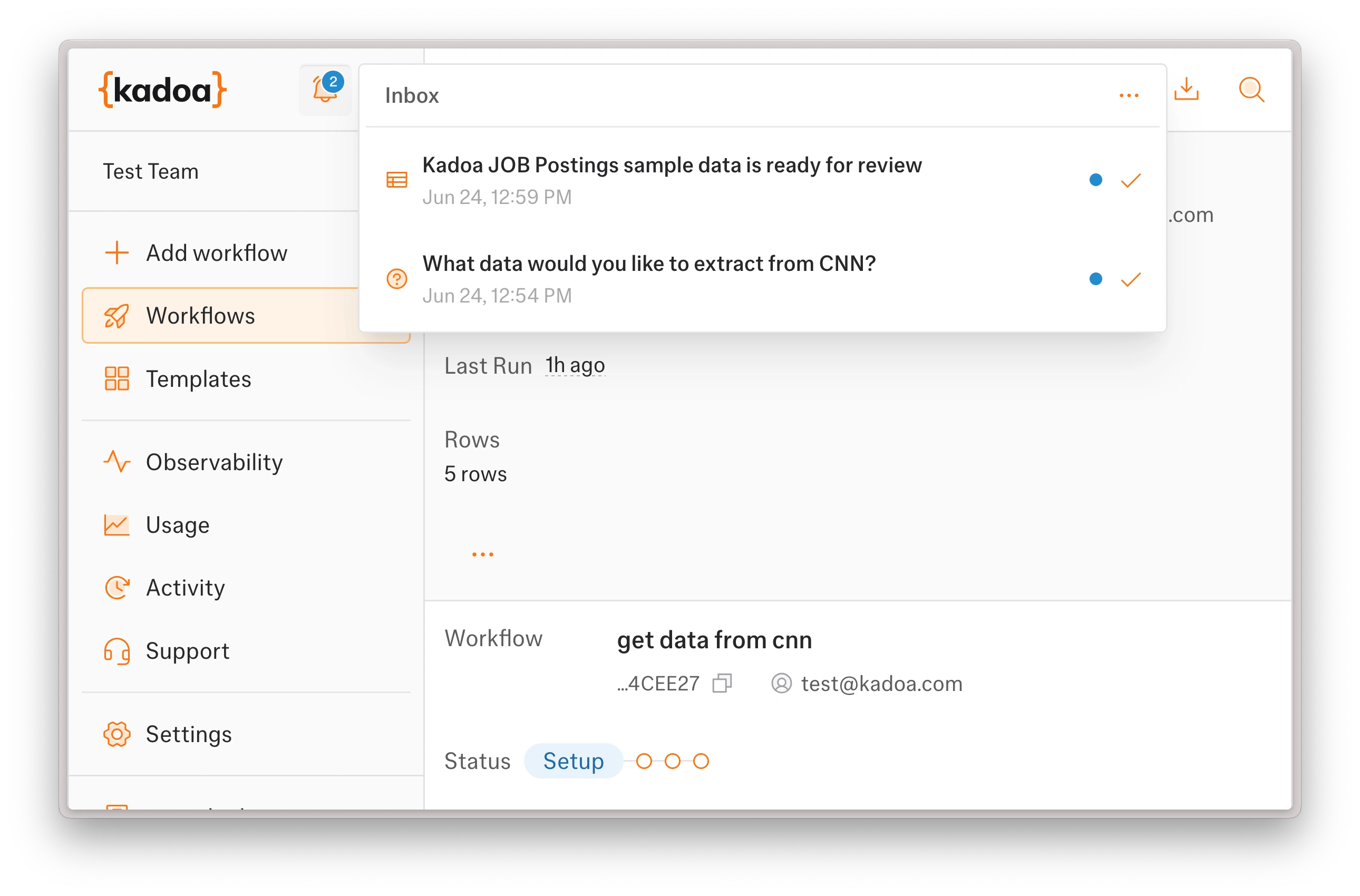 The inbox popover listing unread and read items