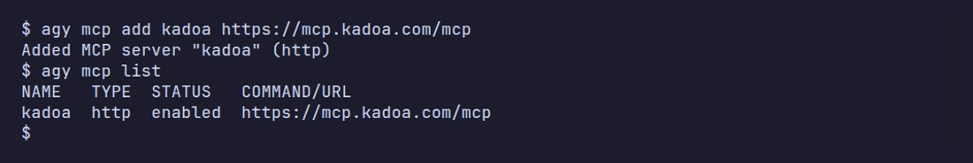 Terminal output of agy mcp add and agy mcp list showing kadoa enabled