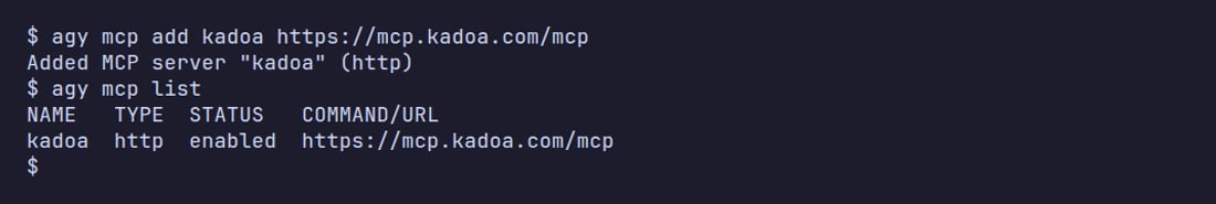 Terminal output of agy mcp add and agy mcp list showing kadoa enabled
