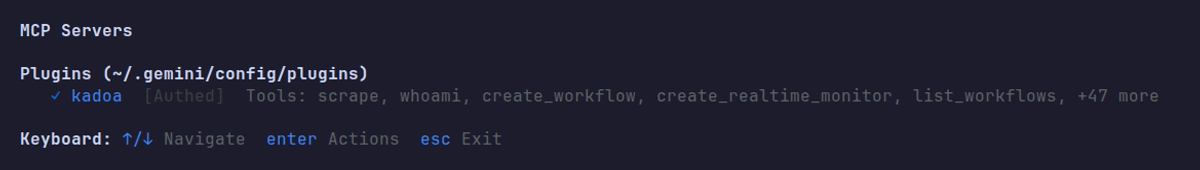The Antigravity CLI /mcp panel showing kadoa authenticated with its tools