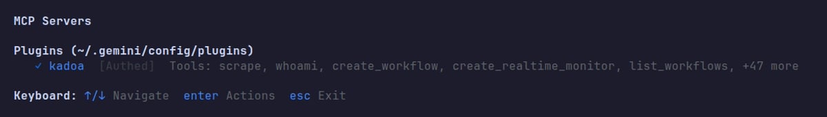 The Antigravity CLI /mcp panel showing kadoa authenticated with its tools