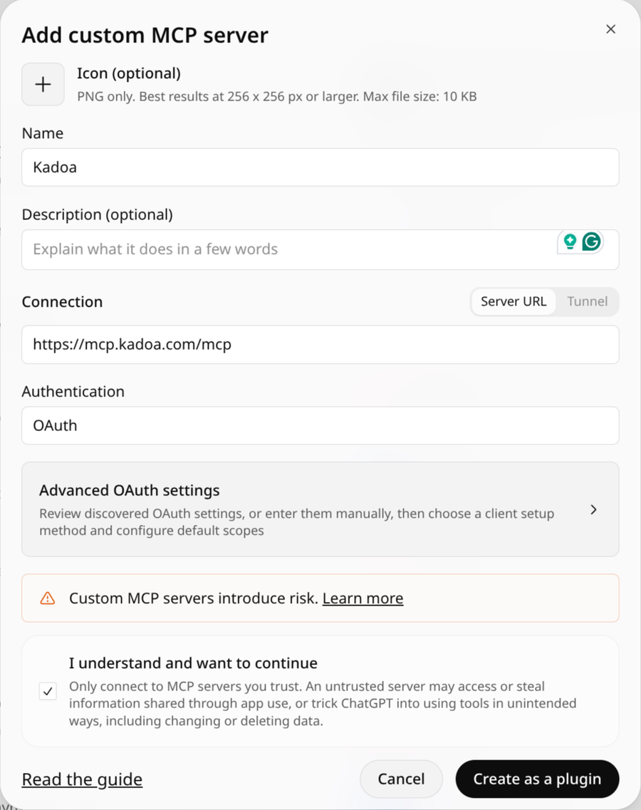 The ChatGPT Add custom MCP server dialog filled in with Kadoa and https://mcp.kadoa.com/mcp