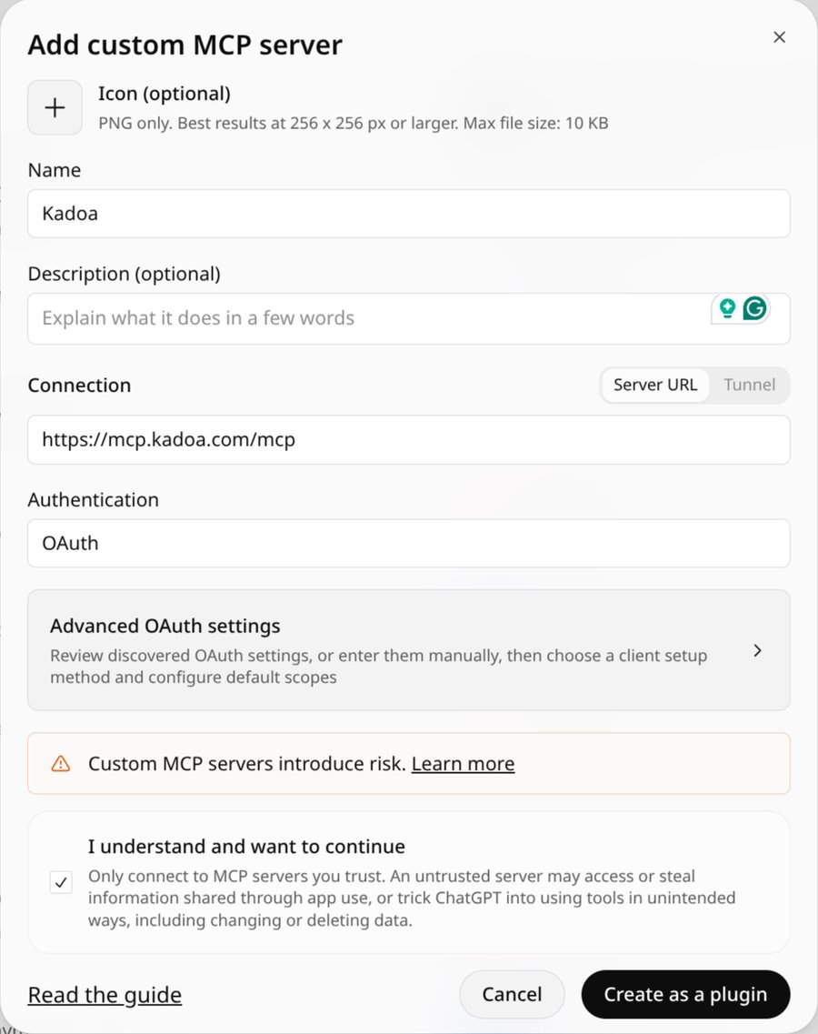 The ChatGPT Add custom MCP server dialog filled in with Kadoa and https://mcp.kadoa.com/mcp