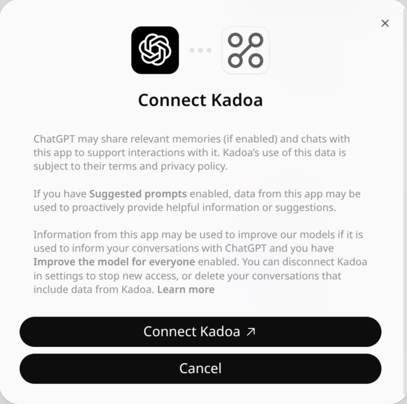 The ChatGPT Connect Kadoa dialog