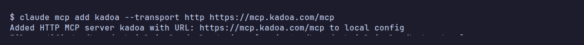 Terminal output of claude mcp add confirming the kadoa server was added to the local config