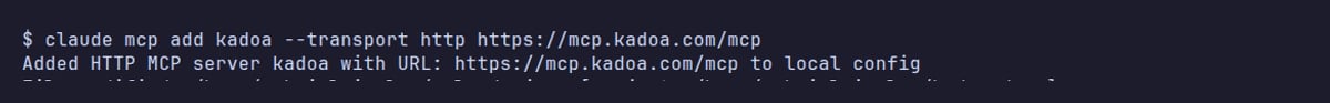 Terminal output of claude mcp add confirming the kadoa server was added to the local config