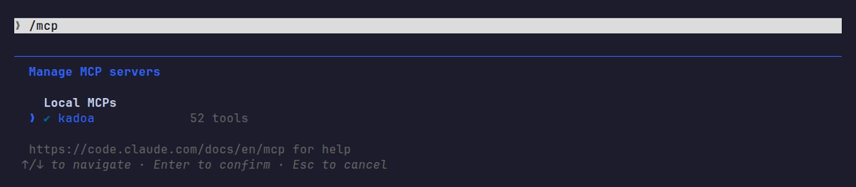 The Claude Code /mcp menu listing the kadoa server under Local MCPs
