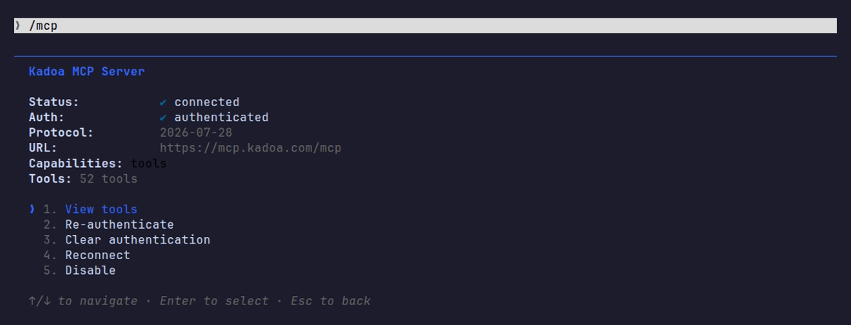 The Kadoa MCP Server details in Claude Code showing status connected and auth authenticated
