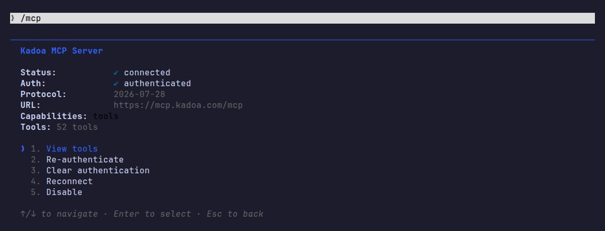 The Kadoa MCP Server details in Claude Code showing status connected and auth authenticated