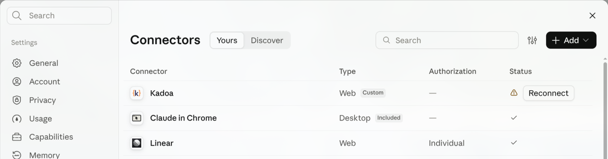 The Claude Connectors page listing Kadoa as a custom web connector, with the Add button at the top right