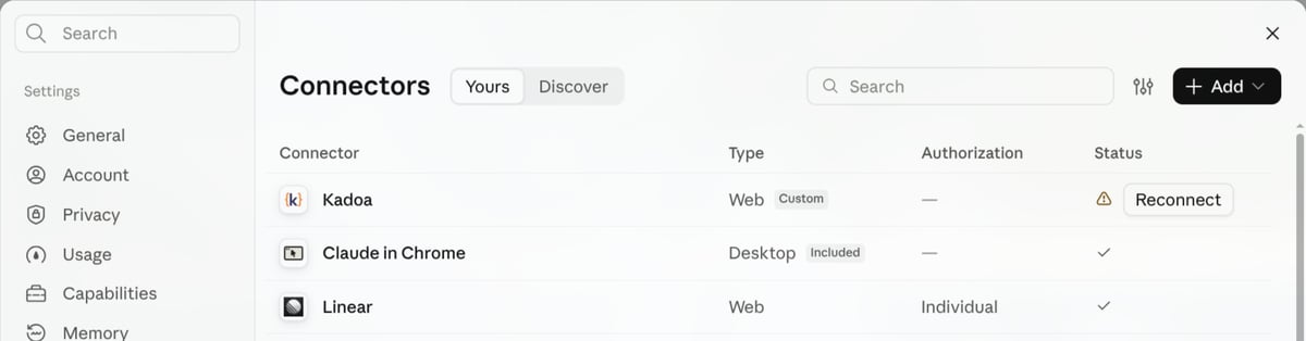 The Claude Connectors page listing Kadoa as a custom web connector, with the Add button at the top right