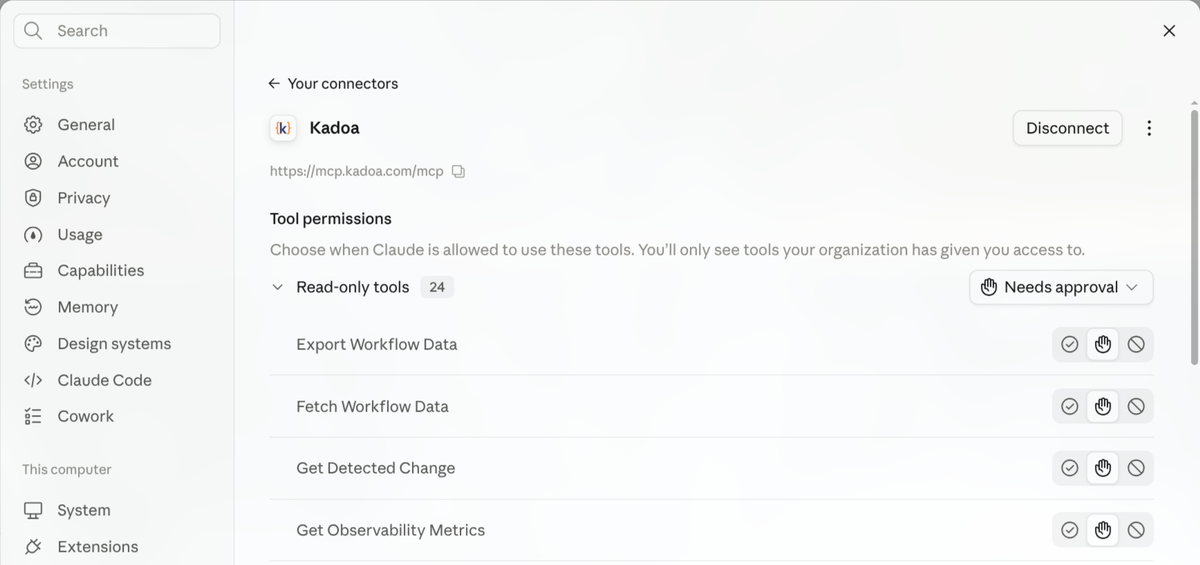 The Kadoa connector in Claude showing the server URL, a Disconnect button, and tool permissions